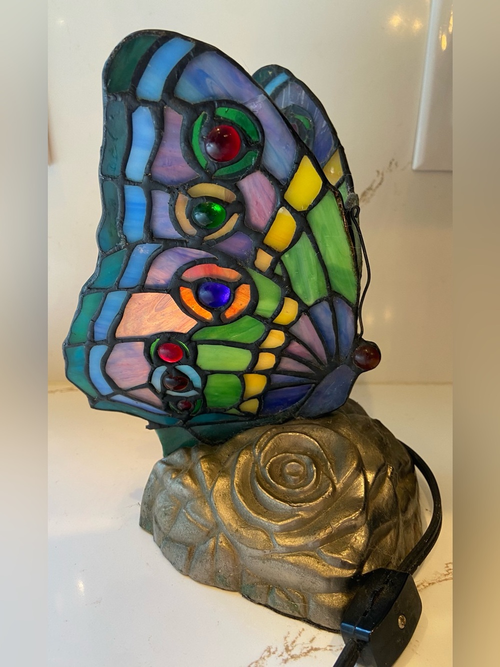 Stained Glass Butterfly Table Lamp Accent Night Light 9” Tiffany Style (read).
